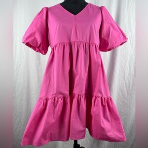 Glam Fuchsia Pink Puff Sleeve Poplin Dress